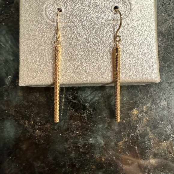 14K Gold Thin Bar Dangle Earrings - Picture 2 of 5